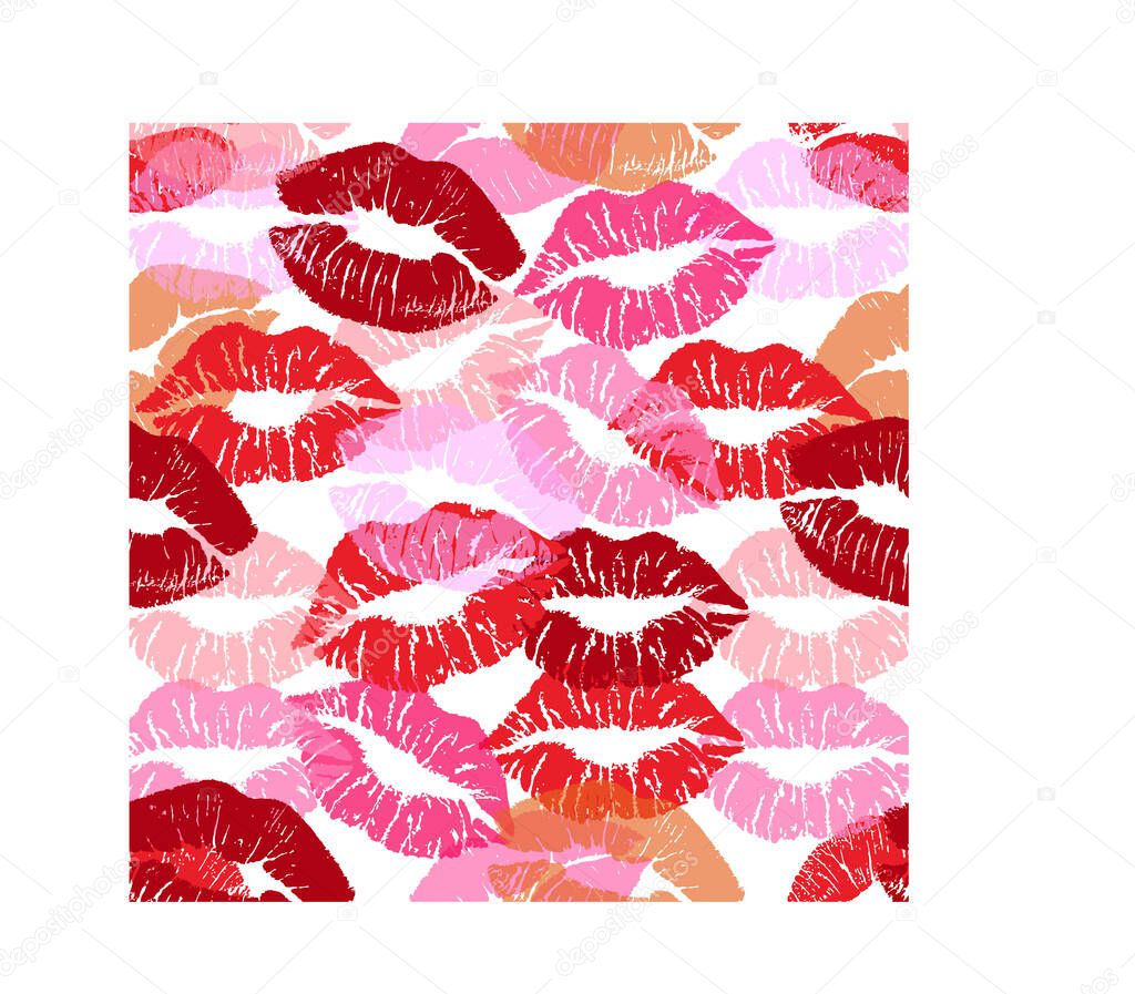 Imprints of lips, lipstick isolated on a white background. Seamless pattern. Female mouth. Print of lips kiss vector background. Different shapes of female sexy lips pattern