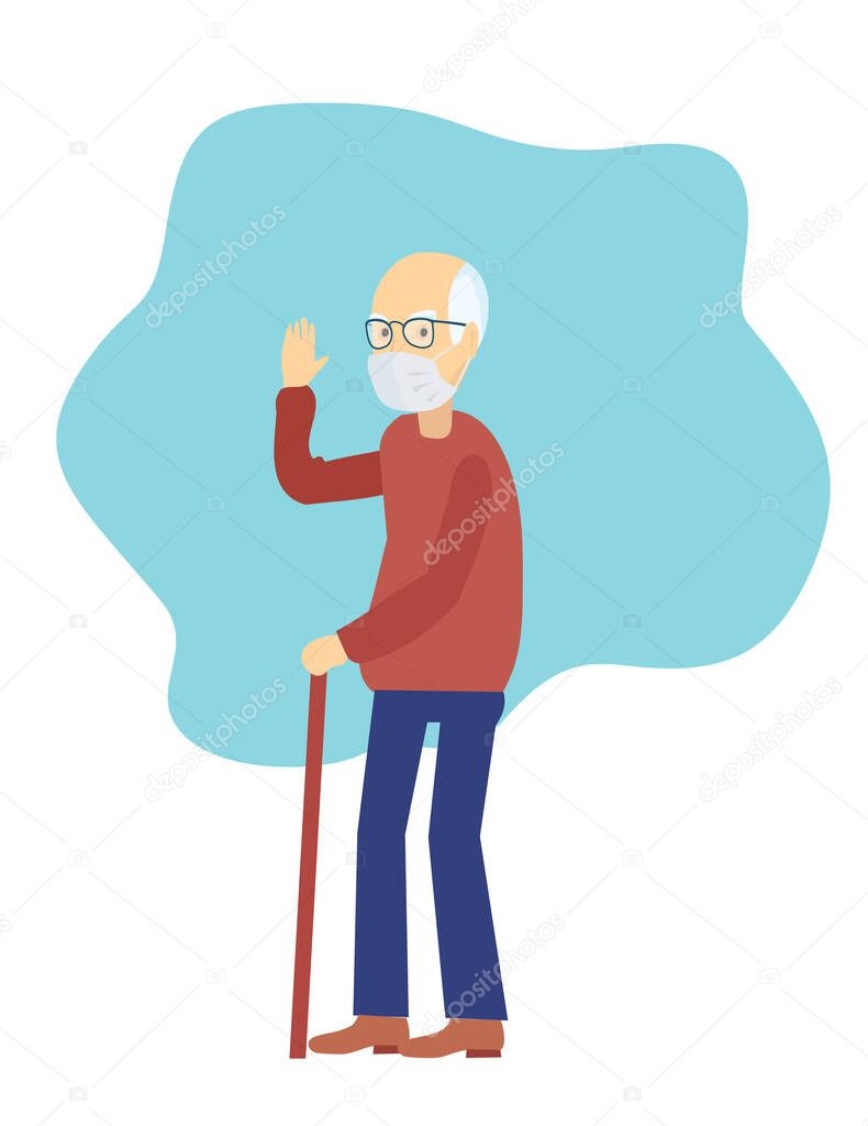 Elderly man in a medical mask. Grandpa wear medical mask. Elderly Healthcare for pollution. Senior character in prevention masks from urban air pollution, airborne diseases, coronavirus.