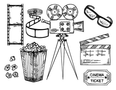 Sinema ve el yapımı filmler, el yapımı film makarası kamera, sinema bileti ve beyaz arka planda izole edilmiş patlamış mısır klasik vektör illüstrasyonu.