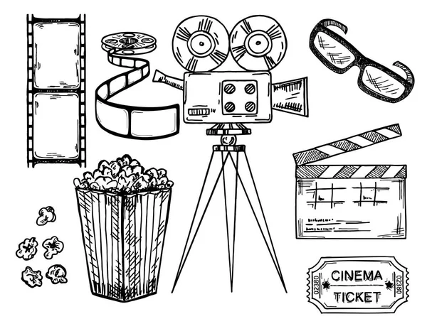 Kino und Filmproduktion handgezeichnetes Set mit Klappspulenkamera, Kinokarte und Popcorn isoliert auf weißem Hintergrund Skizze Vintage Vektor Illustration — Stockvektor