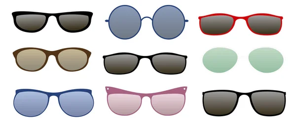 Vector set van kleurrijke zonnebrillen van verschillende vormen en kleuren. Zomer zon bescherming pictogrammen set geïsoleerde vector illustratie — Stockvector
