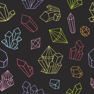 Grafik kristalleri sanat tarzında çizilmiş. Vektör kusursuz desen. Yetişkinler için boyama kitabı tasarımı. Siyah arkaplanda parlak renkler.