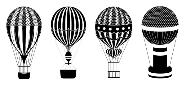 Hot air balloons or aerostats vector set. Illustration of travel flight transport. Classic hot air balloons. Black and white icons. — Stock Vector