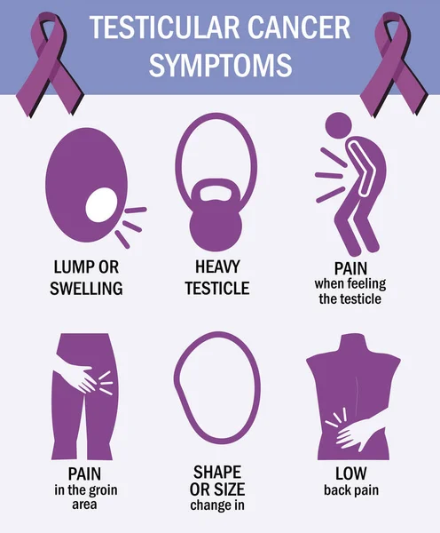 Συμπτώματα καρκίνου των όρχεων. Infographics. Εικονογράμματα. Κορδέλα όρχεως. Πληροφορίες για την υγεία των ανδρών. — Διανυσματικό Αρχείο