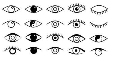 Göz simgeleri ayarlandı. Açık ve kapalı gözler, kirpikli uyuyan göz şekilleri, vektör denetimi ve arama işaretleri
