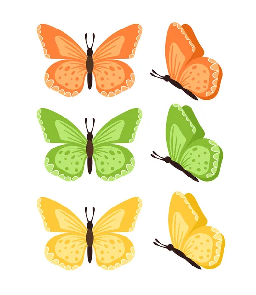 Papillons isolés sur fond blanc. Papillons colorés. Jolie série de papillons vectoriels avec palette de ressorts pour enfant . — Image vectorielle