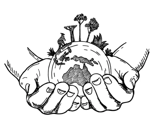 Руки тримають земну кулю. Земля в людських руках ізольована на білому тлі, намальована у стилі ескізу. Тварини й рослини Австралії на земній кулі охороняють рідкісних тварин.. — стоковий вектор