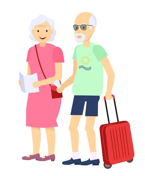 Illustration d'un couple de personnes âgées voyageant avec des bagages à remorquer. Couple retraité isolé en vacances. Heureux grands-parents drôles dans les lunettes de soleil avec carte touristique et valises . — Image vectorielle