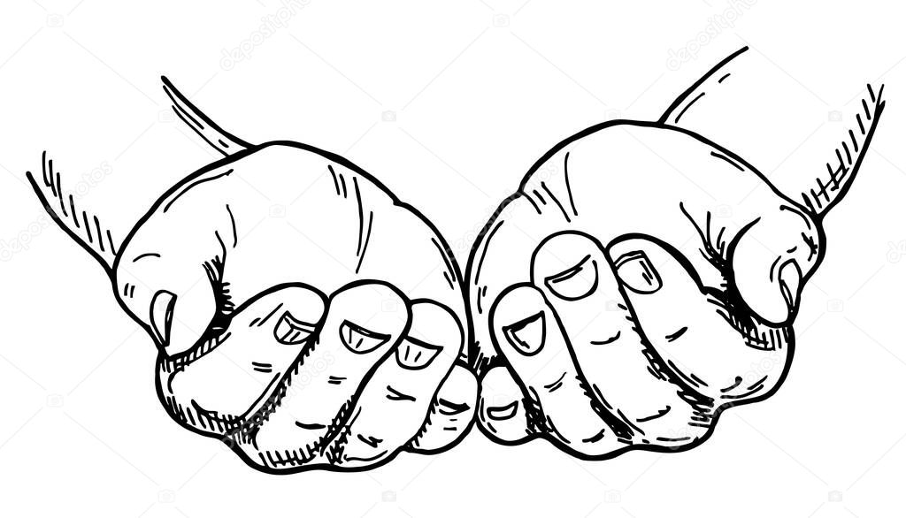 Hands cupped together. Sketch vector illustration isolated on white background. Hand Gesture