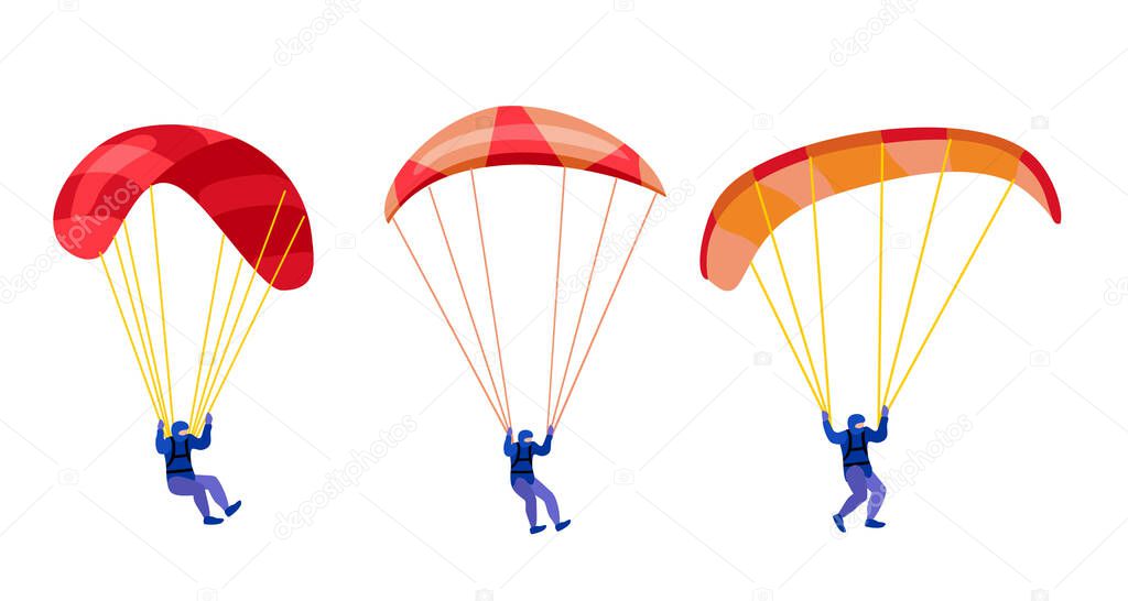 Paratroopers descending with parachutes set. Paraglide and parachute jumping characters on white, paragliders and parachutists vector illustration, skydiver hobby and sport activities