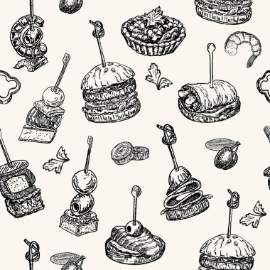 Parmak besin vektörü kusursuz desen. Yemek aperatifi ve abur cubur skeci. Kanepeler, bruschetta, büfe için sandviç çizimi, restoran, yemek servisi. Tapas çizimi çizimi.