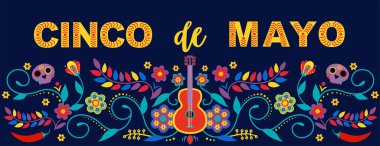 Meksika bayramı 5 Mayıs Cinco De Mayo. Geleneksel Meksika sembolleriyle vektör şablonu. Fiesta afişi ve bayrakları, çiçekleri, süslemeleri olan poster tasarımı.