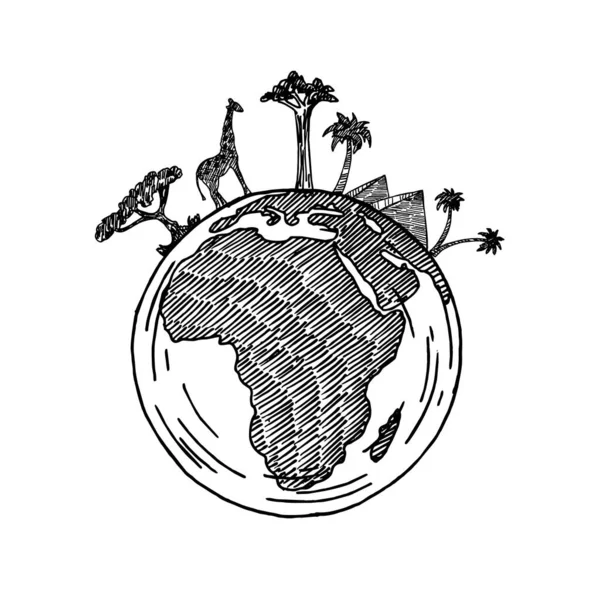 Africký kontinent na zeměkouli. Zvířata a rostliny Afriky. Vektorová mapa Afriky — Stockový vektor