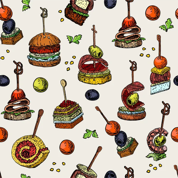 Dedo alimento vector patrón sin costura. Aperitivo de comida y bocadillo. Ilustración de vectores de color. Canapés, bocadillo para buffet, restaurante, servicio de catering. Ilustración de bocetos de tapas . — Vector de stock