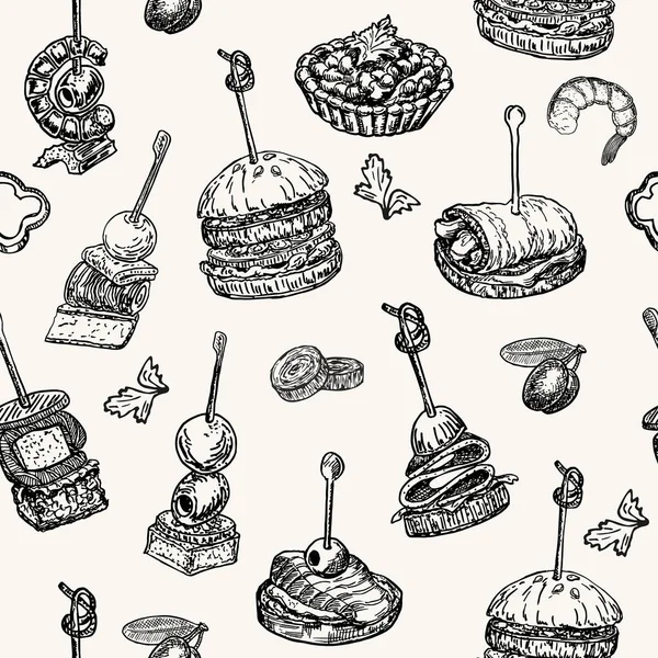Finger food vector seamless pattern. Food appetizer and snack sketch