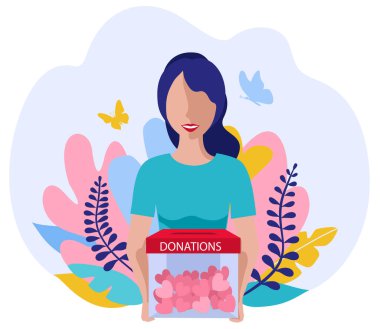 Bağışlar ve hayır işleri. Kalpli kız için gönüllü vektör konsepti. Kalpleri ele alalım. Bağış kutusu. Bağışla, para ver ve sev..