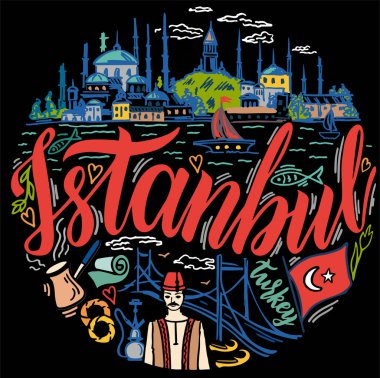 İstanbul çizim çizim vektörü. Şehir simgesi, sembol, kültür ve seyahat. Siyah zemin üzerinde Türkiye 'nin yuvarlak tasarımı sembolleri. Kart, poster, baskı tasarımı, tişört tasarımı için.