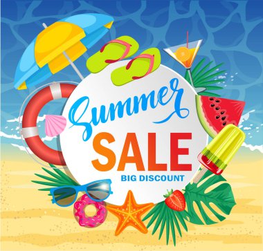Yaz indirimi afişi. Özel indirimli illüstrasyon. Yaz satışı için tanıtım web pankartı şablonu. Sahilde gerçekçi nesnelerle yaz dekorasyonu üzerine üstten görüş.