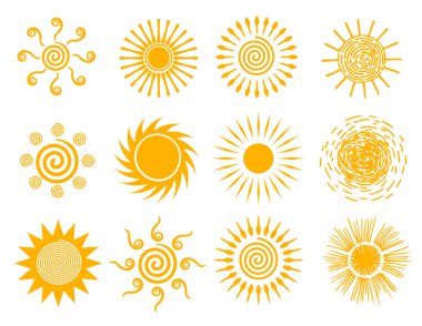 Güneş simgeleri. Güneş battı. Sıcak hava güneşleri toplama vektör illüstrasyonu, yaz karalaması, güneş karalamaları, el çizimi güneş ışığı nesneleri.