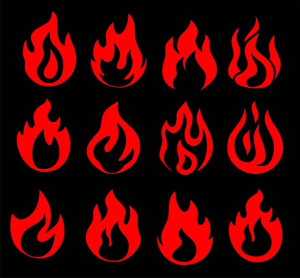 Fire flames, set vector icons. Fire icon. Isolated on white background. Scarlet flame on a black background icon set. — Stock Vector