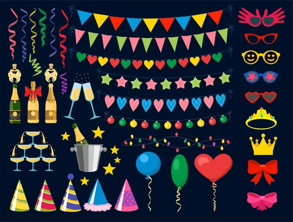 Aniversário partido elementos de design. Coleção de festa de aniversário. Balões, guirlandas, máscaras, champanhe, doces e serpentina. Celebrando ícones vetoriais . — Vetor de Stock