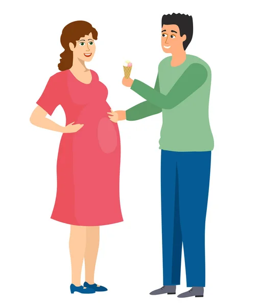 Femme enceinte avec homme. Concept de grossesse isolé sur fond blanc. Le mari donne de la glace à sa femme enceinte. Illustration vectorielle — Image vectorielle