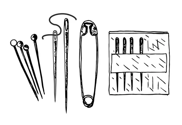 Synålar och nålar. Skiss. Vektor svart och vitt handritad illustration i vintage graverad stil av olika synålar. Krokhuvud, kulspets, silke och säkerhetsnål. — Stock vektor