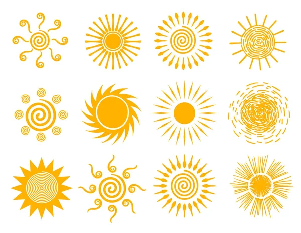Ícones solares. Pôr do sol. Ilustração de vetor de coleção de sóis de tempo quente, rabiscos de verão, rabiscos de sol, objetos de luz solar desenhados à mão . —  Vetores de Stock
