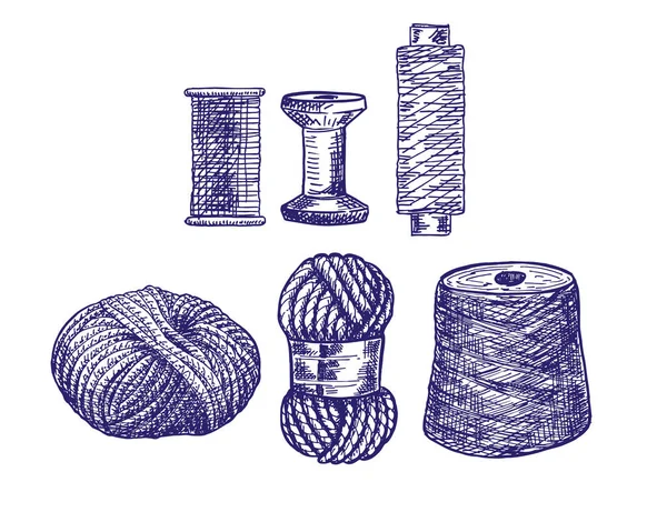 Нитки для шитья для поперечного сшивания и вязания. Пряжа нити трикотажа вязание ткацкая шерсть векторный набросок иллюстрации разноцветный . — стоковый вектор