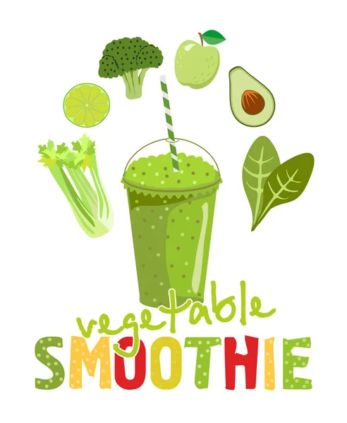 Healthy natural food green smoothie in glass on white background. Infographic modern premium quality illustration of vegetables ingredients. Smoothies and Vegetables of which it is made.