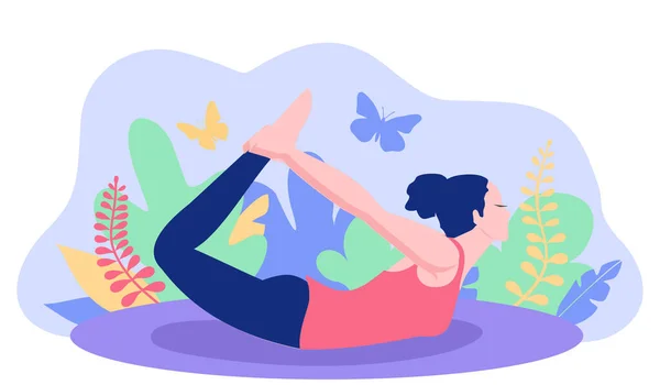 Yoga pose for banner. Woman figures exercise yoga of Good Health concept. Woman posture yoga with vegetation background. Vector Illustration.