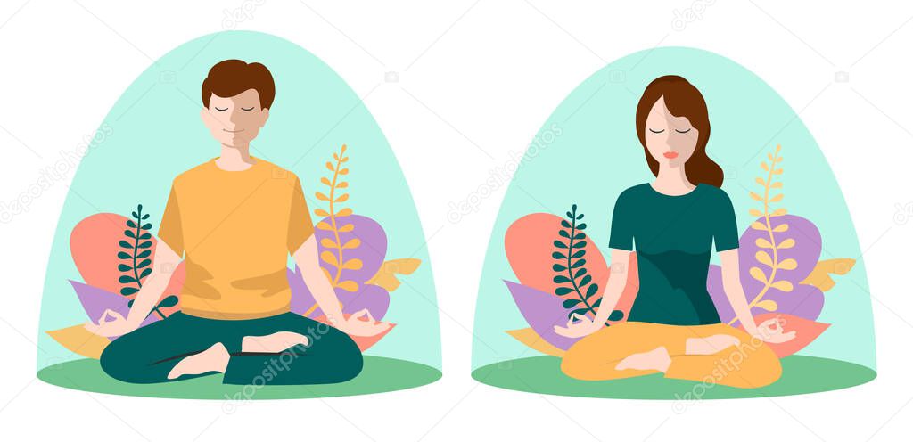 People are introverts. Young woman and man sitting inside transparent glass. Concept of separation from society, social isolation or solitude, unsocial person. Meditation, female and male characters.