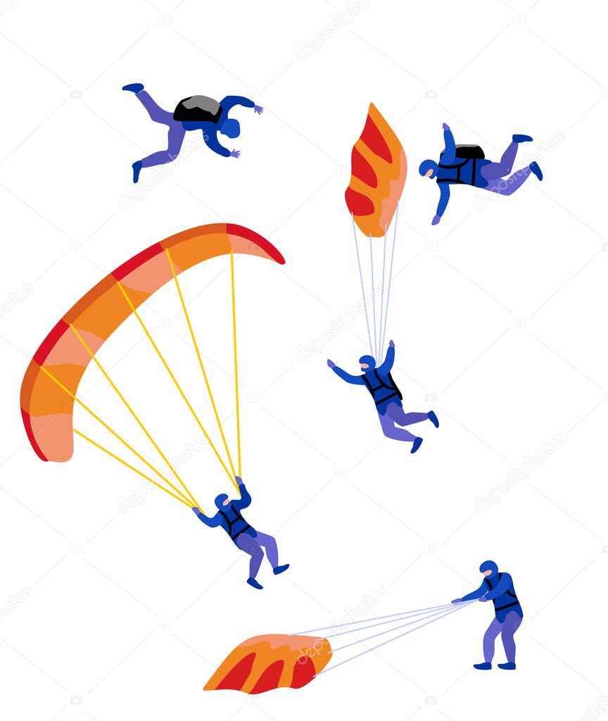 Parachute skydivers. Extreme parachuting sport and skydiving concept. Paraglide and parachute jumping characters on white, paragliders and parachutists vector, skydiver hobby and sport activities