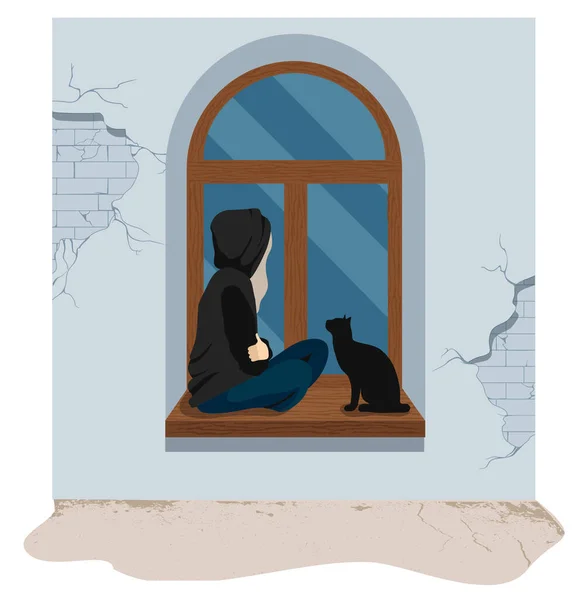 Θλιβερό και καταθλιπτικό κορίτσι κάθεται στο περβάζι του παραθύρου με τη γάτα της. Λυπημένος έφηβος. Θλιβερή γυναίκα και γάτα. επίπεδη διανυσματική απεικόνιση. — Διανυσματικό Αρχείο