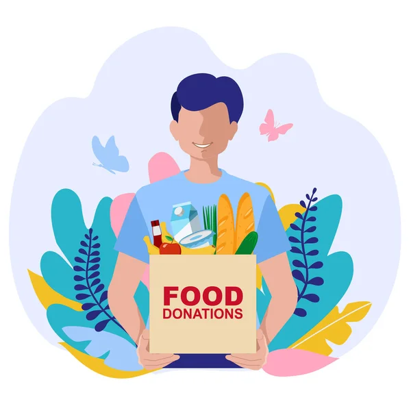 Jonge vrijwilliger met voedseldonatie dozen. Vectorconcept illustraties. Voedseldonatie concept met karakter. Kan gebruikt worden voor webbanner, infographics, heldenbeelden. — Stockvector