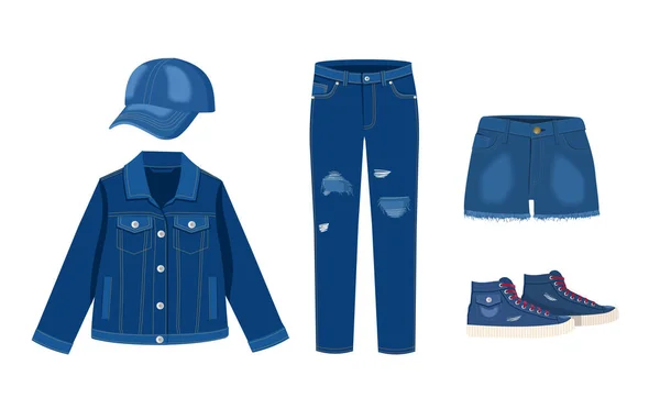 Collection de vêtements Jeans. Casquette, veste, short et baskets en denim. Mode à la mode déchiré denim casual vêtements vectoriel illustration, jeans vêtements vêtements modèles isolés sur fond blanc — Image vectorielle