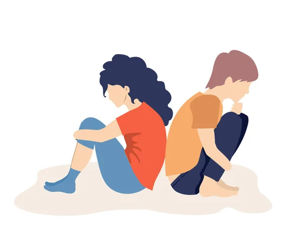 Junge und Mädchen sind traurige Teenager. Depressive, traurige Teenager sitzen auf dem Boden. Depressive Teenager. Ein streitendes Mädchen und ein Mann sitzen Rücken an Rücken. — Stockvektor