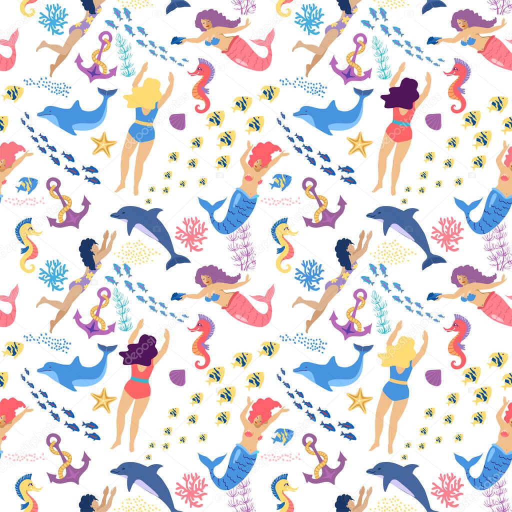 Mermaids and Swimmers girls seamless pattern on blue background, vector illustration. Cute mermaids, algae, fish and corals seamless pattern, ocean underwater magic female swimmers vector illustration