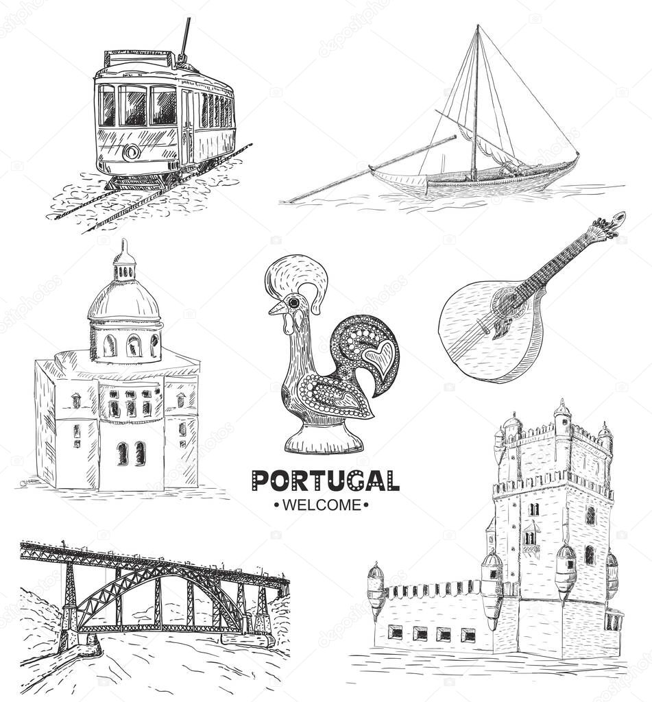 Portugal elements and symbols. Sketch. Rooster Barcelos, Portuguese tram, bridge in Porto.