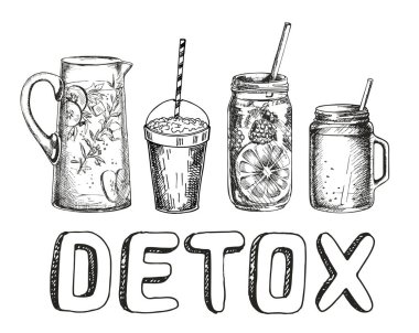 Smoothie ya da detoks kokteyl günü posteri. Kokteyl ya da detoks için mason bardakta, kavanozda ya da sürahide el yapımı malzemeler. Sağlıklı yiyecekler. Poster ve afiş için vektör illüstrasyonu.