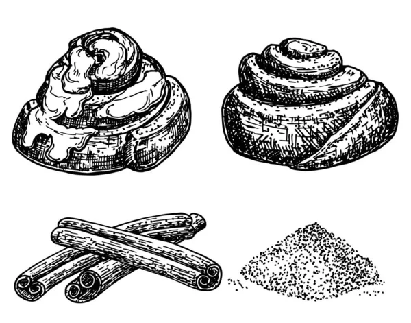 Rotoli di cannella. Schizzo dell'inchiostro isolato su sfondo bianco. Prodotti da forno. Illustrazione vettoriale disegnata a mano. Stile retrò . — Vettoriale Stock