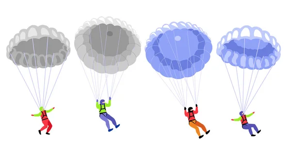 Paracadutisti. Personaggi di salto con paracadute su bianco, illustrazione vettoriale paracadutisti, paracadutisti hobby e attività sportive — Vettoriale Stock