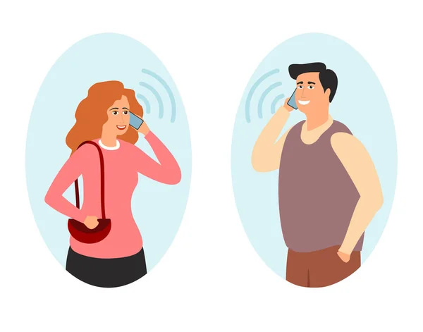 Un par hablando por teléfono. Dialogo cotidiano, comunicación en smartphone. Hombre y mujer, chica y chico se comunican en la ilustración del vector del teléfono celular — Vector de stock