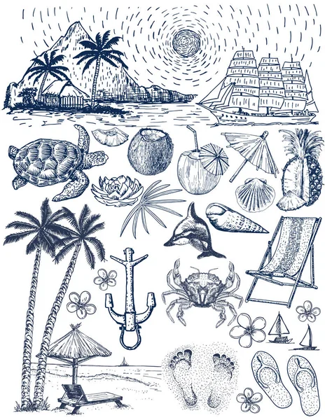 Conjunto de viajes, turismo y playa de verano. Dibujo manual conjunto de bocetos vectoriales. Bosquejo de símbolos de verano. Vacaciones de verano — Vector de stock