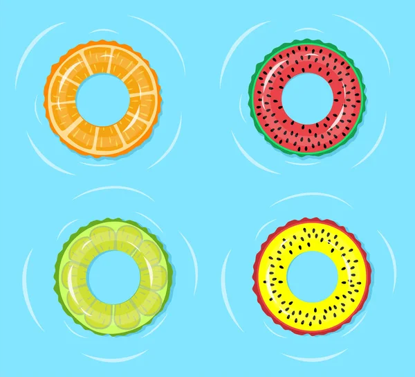Swimming ring. Summer time relaxing, swimming pool or blue sea water on fashion floating tube ring with fruit watermelon, orange, lime prints vector illustration — Stock Vector