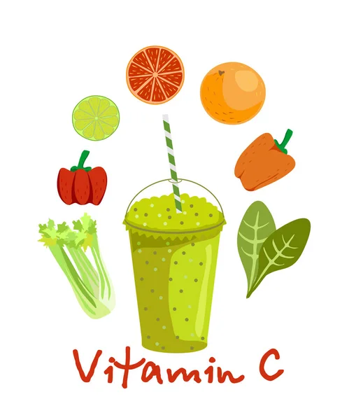 Groenten en fruit met vitamine C. Vitamine C voedselbron vector illustratie. Levensmiddelen die ascorbinezuur met een letter bevatten. Vitamine C Rijk Groenten en fruit Smoothie. — Stockvector