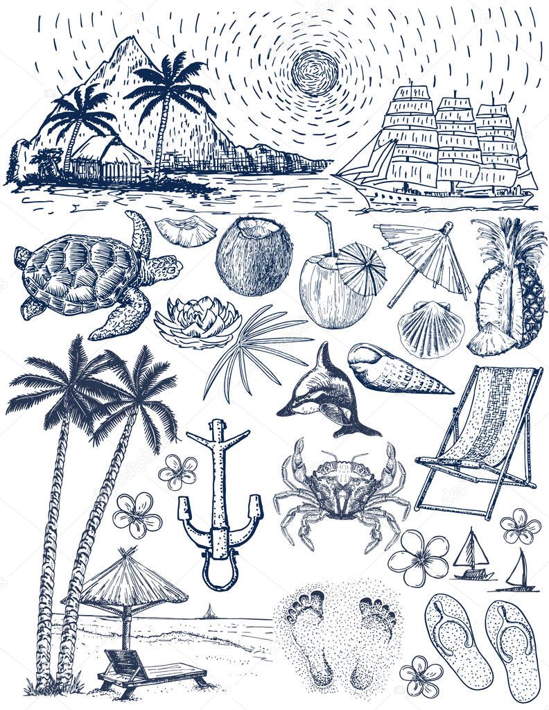 Set of Travel, Tourism and Summer Beach. Hand drawing set of vector sketches. Sketch summer symbols. Summer vacation