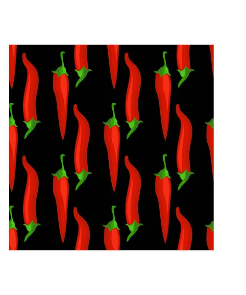 Chilischote nahtloses Muster. Flache rote Chilischoten auf schwarzem Hintergrund. Würzige Zutat. — Stockvektor