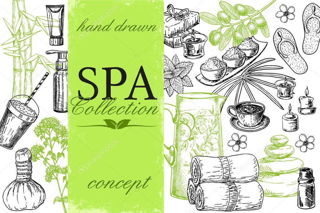 Vector spa treatment accessories banners withwith bamboo, massage stones and skin care products. Design for natural cosmetics, beauty store, spa and beauty salon, organic health care products