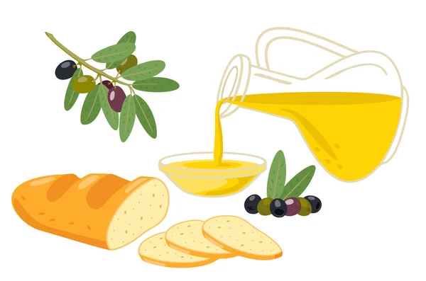 Jug of olive oil, olives, olive branches and white bread. Healthy food. Isolated vector illustration — Stock Vector